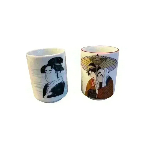 Vintage Japanese Porcelain Tea/Sake Cups Hand-Painted Geisha Mikado set of two - Picture 1 of 5